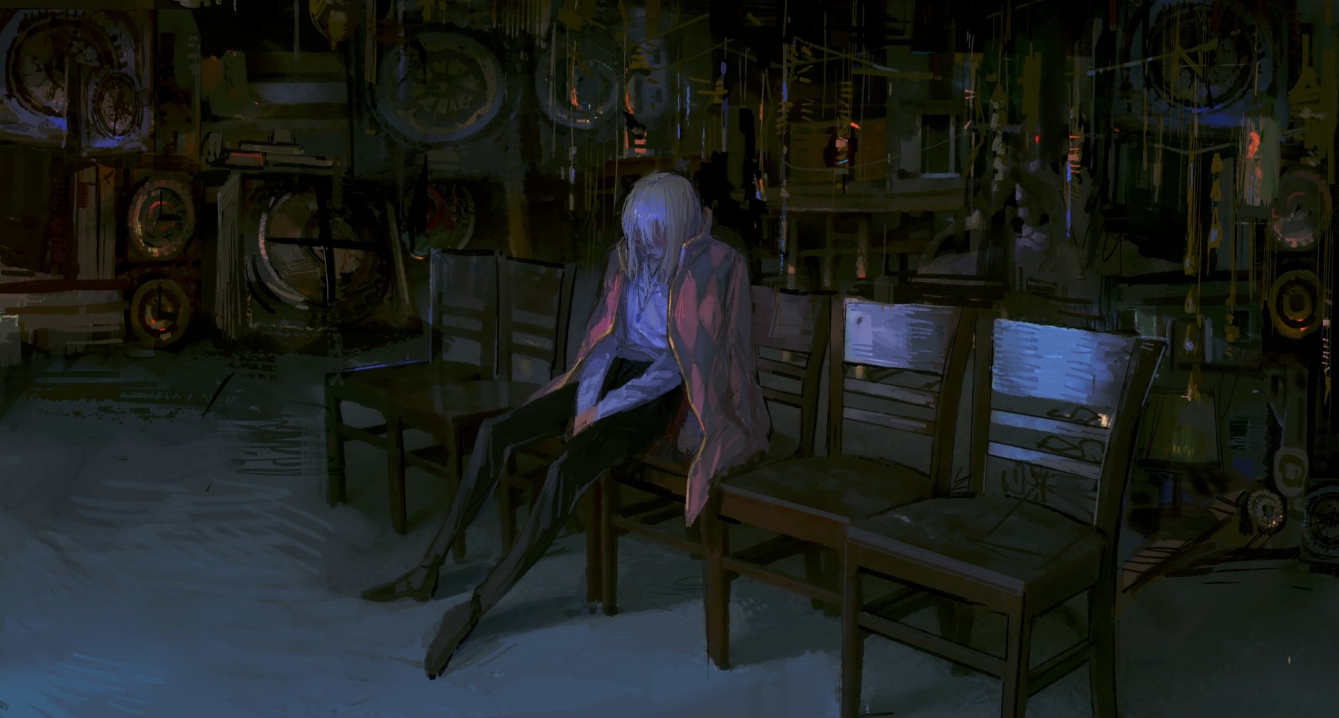 HD anime desktop wallpaper featuring Howl Jenkins Pendragon from Howl's Moving Castle seated in a dimly lit, industrial setting with wooden chairs.