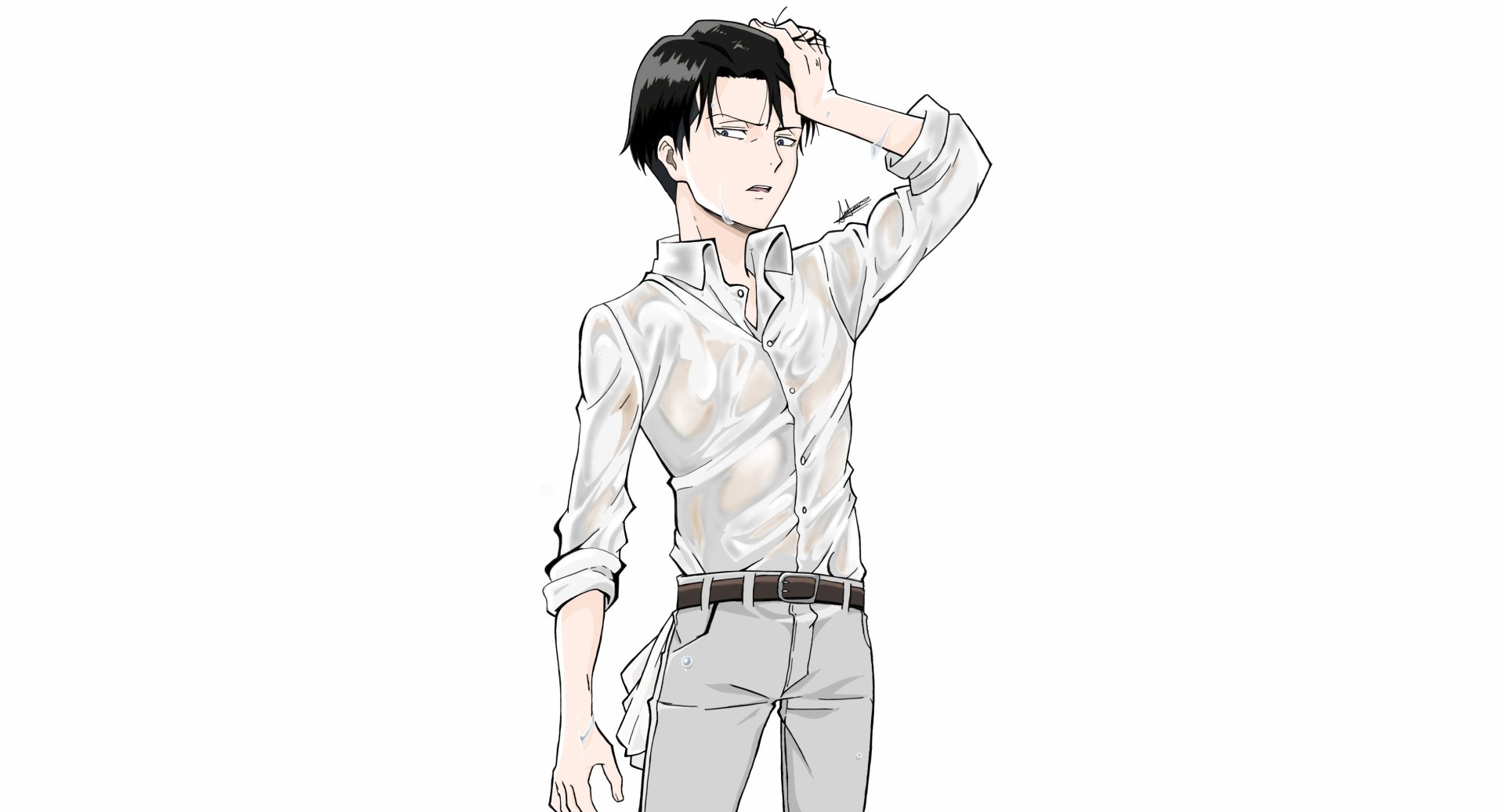 Attack on Titan anime wallpaper: Levi Ackerman in a white shirt, hand on his head, neutral expression — 2K Quad HD PC desktop background.