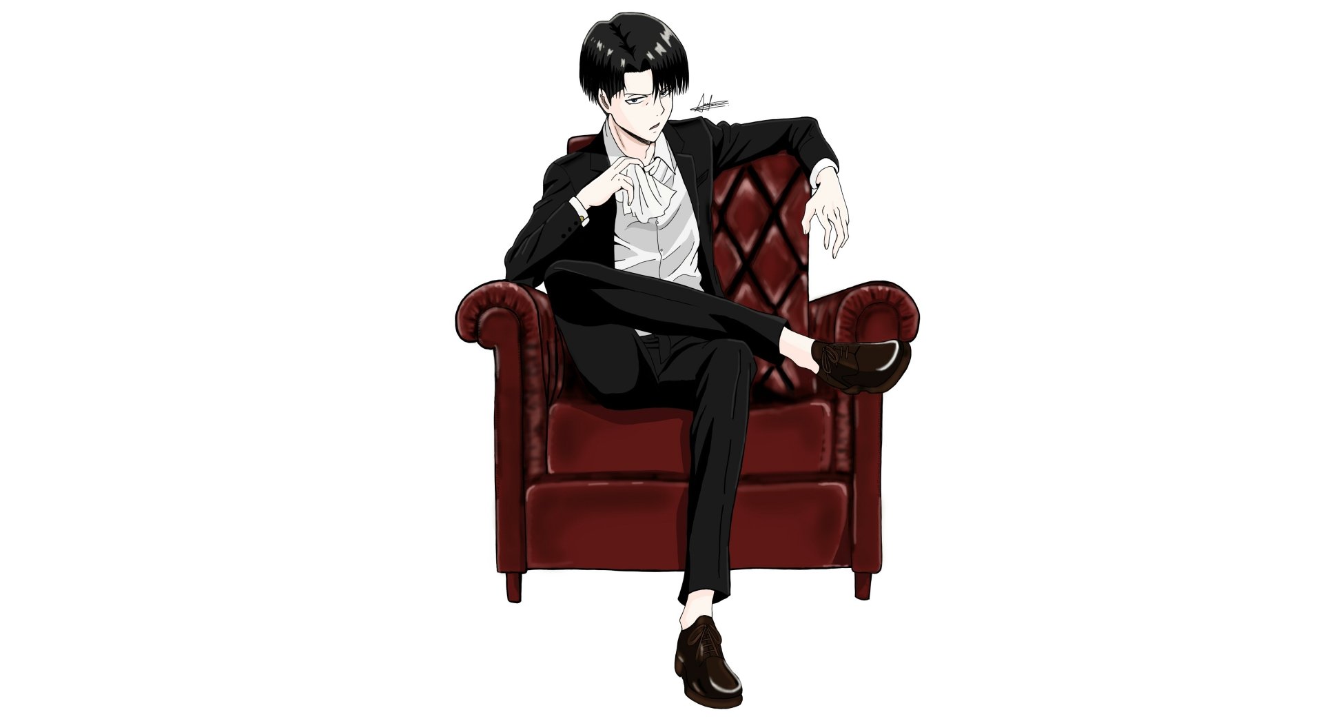 Levi Ackerman from Attack on Titan, dressed in a suit, sitting confidently on a red leather armchair, depicted in 4K Ultra HD anime style.