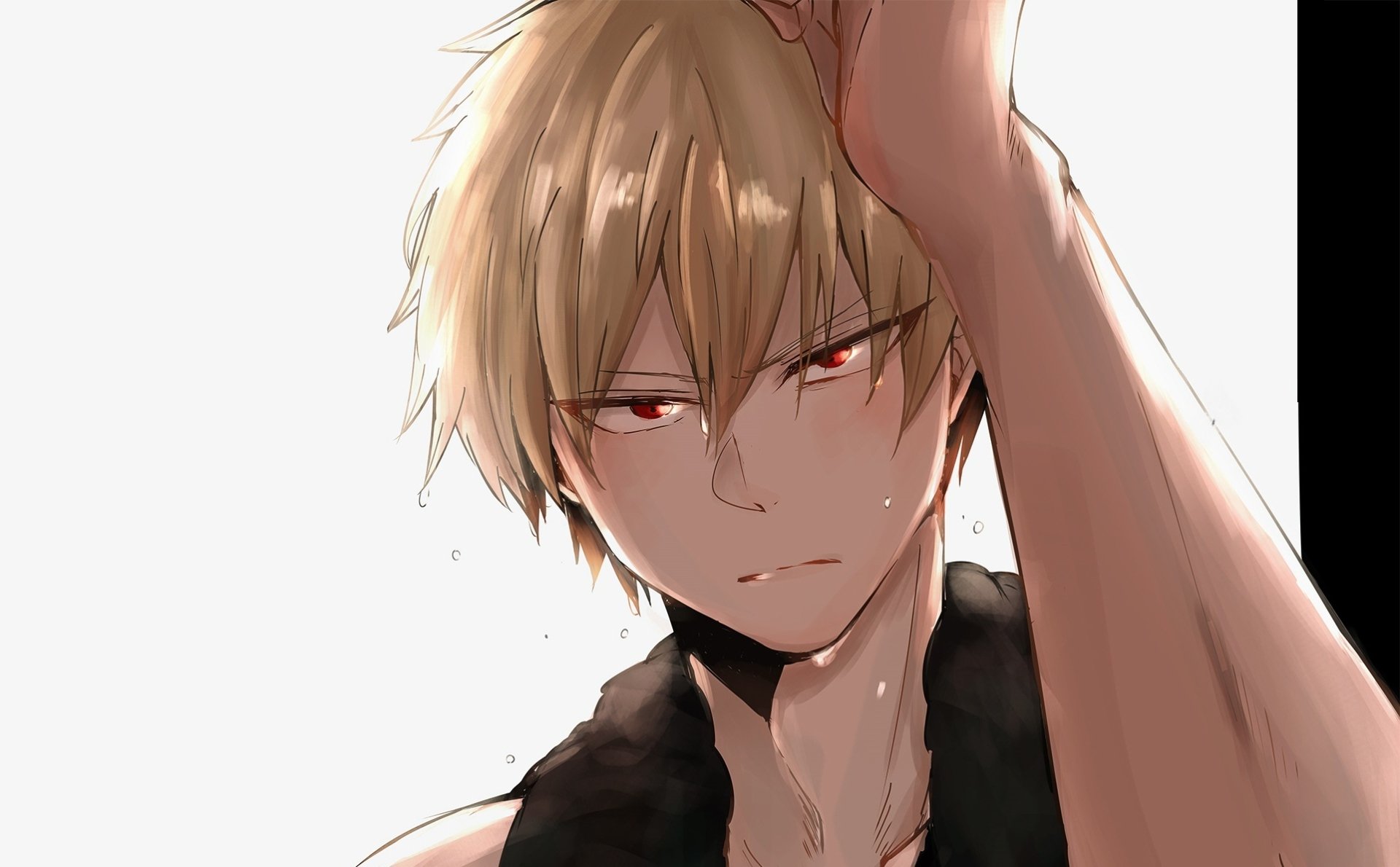 HD anime desktop wallpaper featuring Katsuki Bakugou from My Hero Academia with intense red eyes and tousled blond hair against a light background.