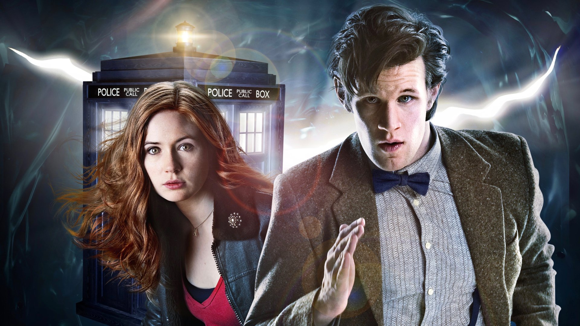 4K Ultra HD desktop wallpaper featuring Amy Pond (Karen Gillan) and the Eleventh Doctor (Matt Smith) from the TV show Doctor Who (2005) with the TARDIS in the background.