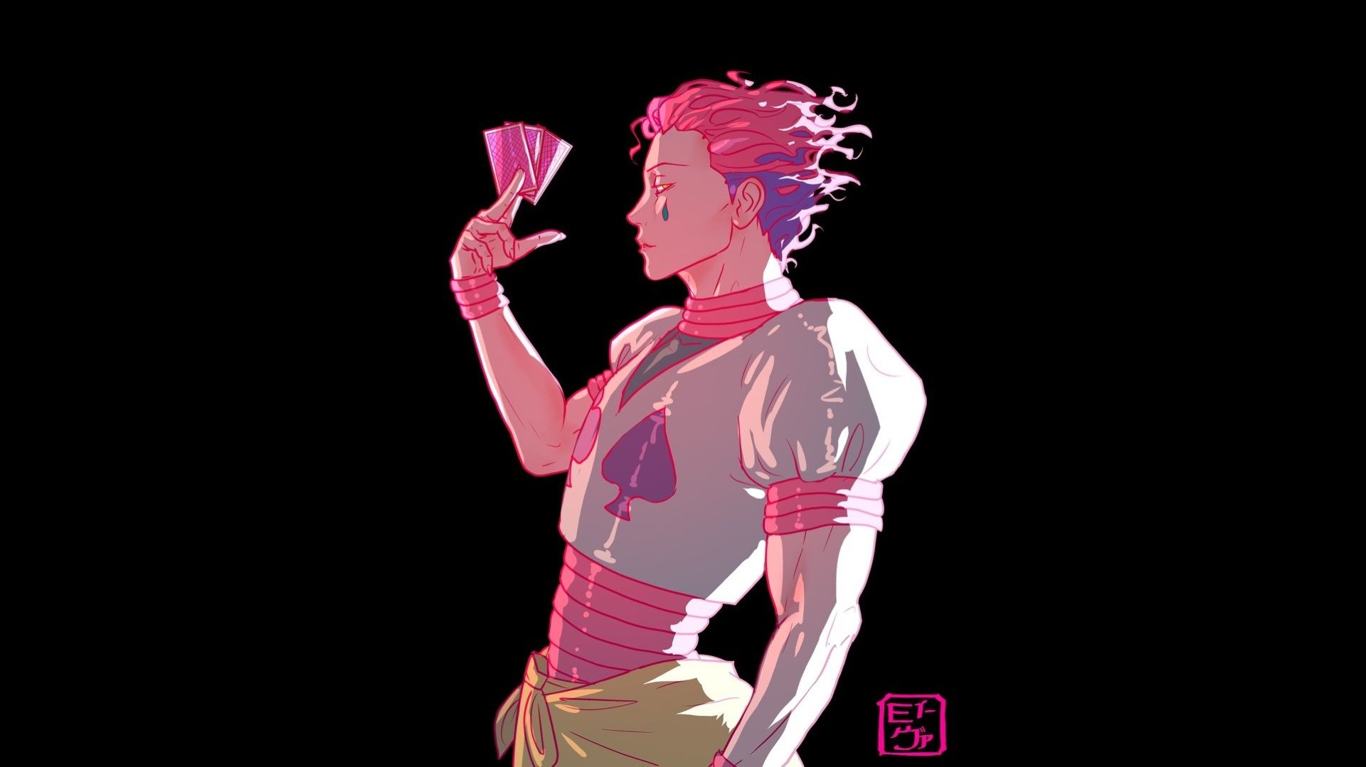 HD PC desktop wallpaper and background of Hisoka (Hunter × Hunter) — anime-style pink-lit profile holding playing cards against a dark, dramatic backdrop.