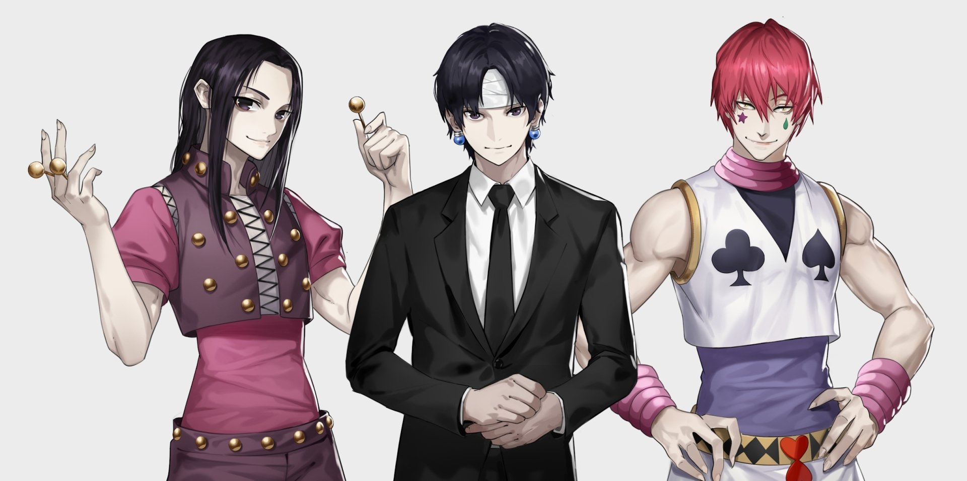 HD PC wallpaper featuring Hisoka, Chrollo Lucilfer, and Illumi Zoldyck from Hunter × Hunter, showcasing key Phantom Troupe characters in detailed anime style.