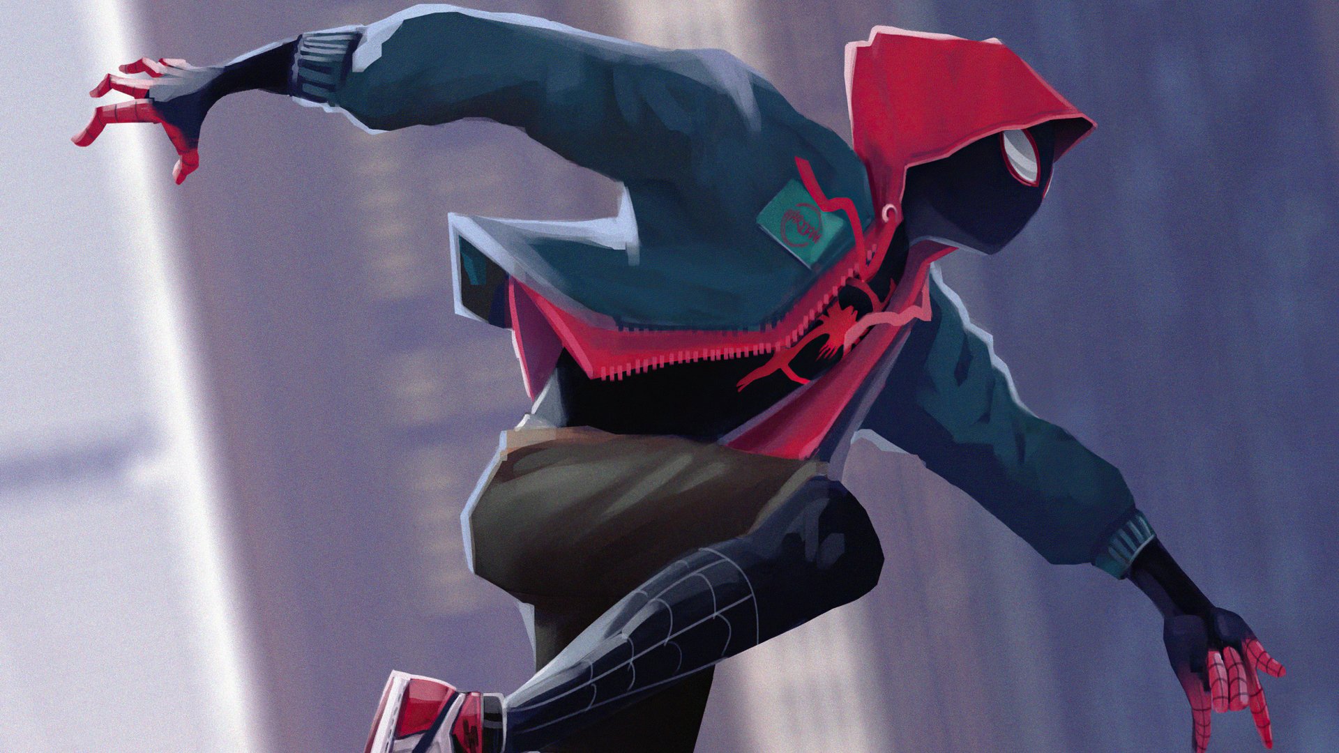 Miles Morales as Spider-Man from Spider-Man: Into the Spider-Verse in action, depicted in vibrant 4K Ultra HD PC desktop wallpaper style.