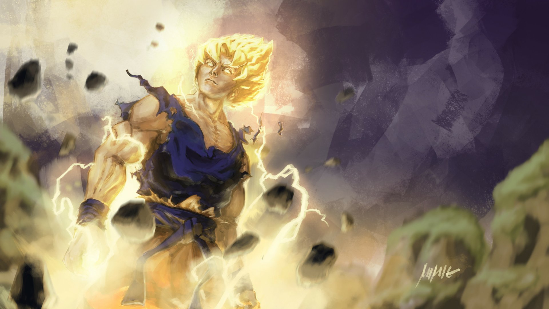Goku as Super Saiyan with glowing golden hair and crackling lightning, rocks orbiting him in a stormy sky — Anime Dragon Ball 2K Quad HD PC wallpaper background.