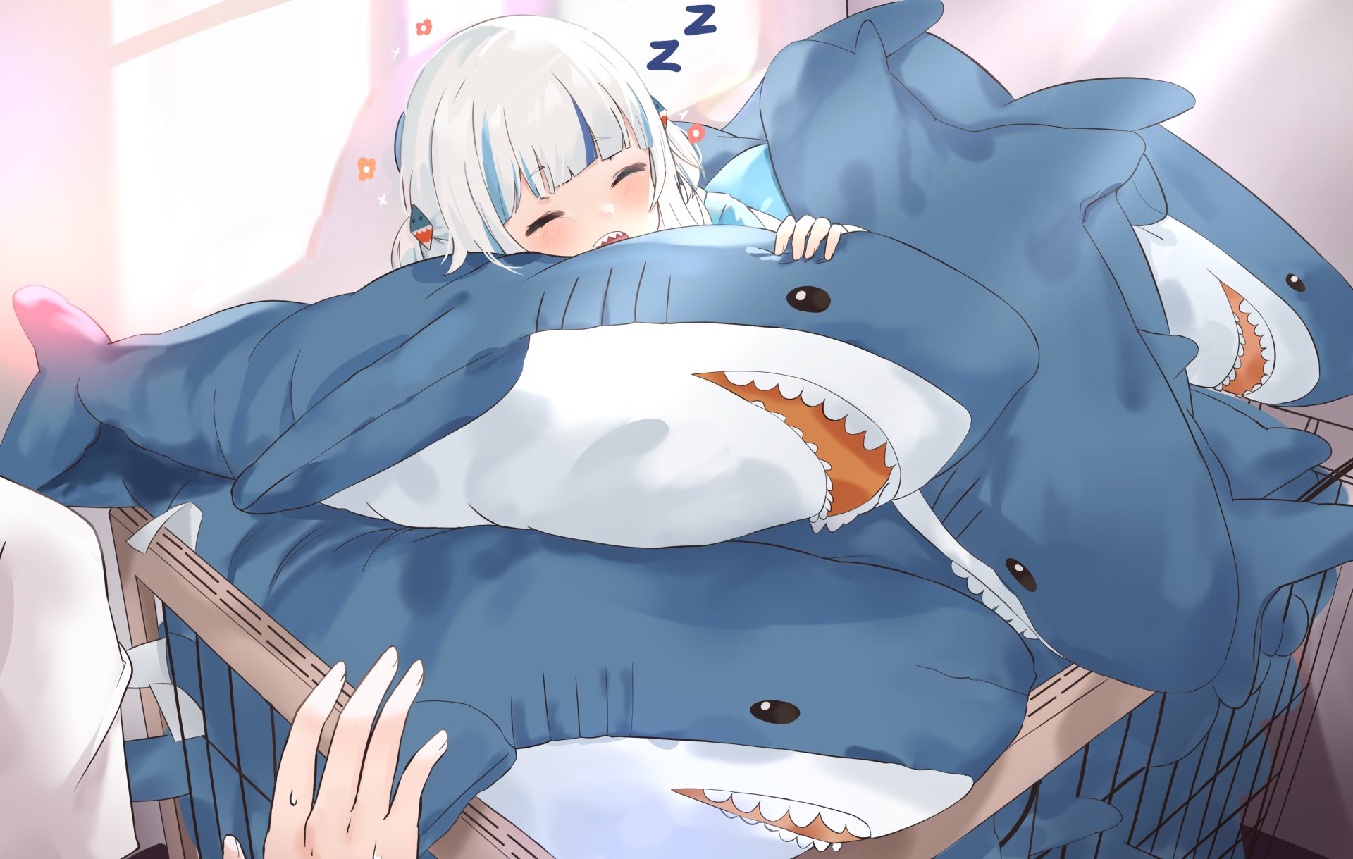 HD desktop wallpaper featuring Gawr Gura, a virtual YouTuber from Hololive. The anime character is seen adorably sleeping on a pile of plush shark toys.
