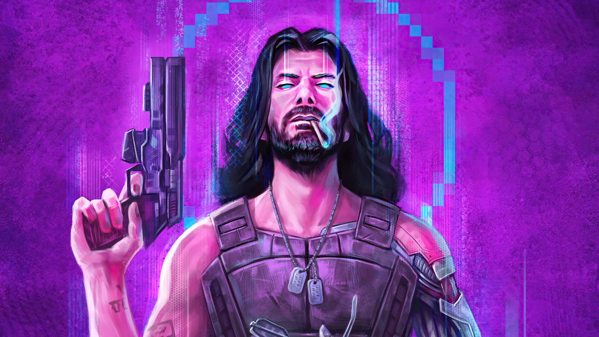 4K Ultra HD wallpaper featuring Johnny Silverhand from Cyberpunk 2077, portrayed by Keanu Reeves, set against a vibrant cyberpunk-style purple background.