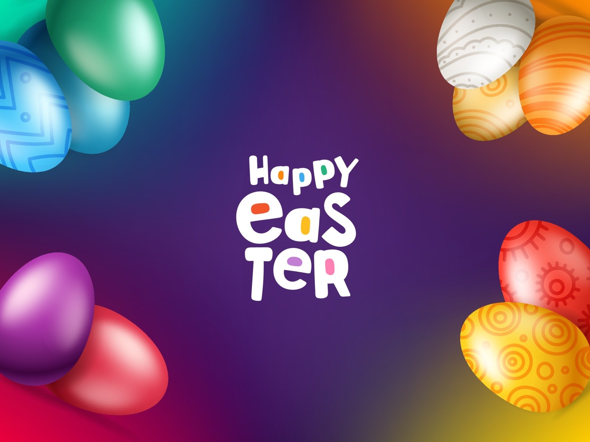 HD PC desktop wallpaper: colorful Easter eggs frame a purple gradient background with bold 'Happy Easter' text, celebrating the Easter holiday.