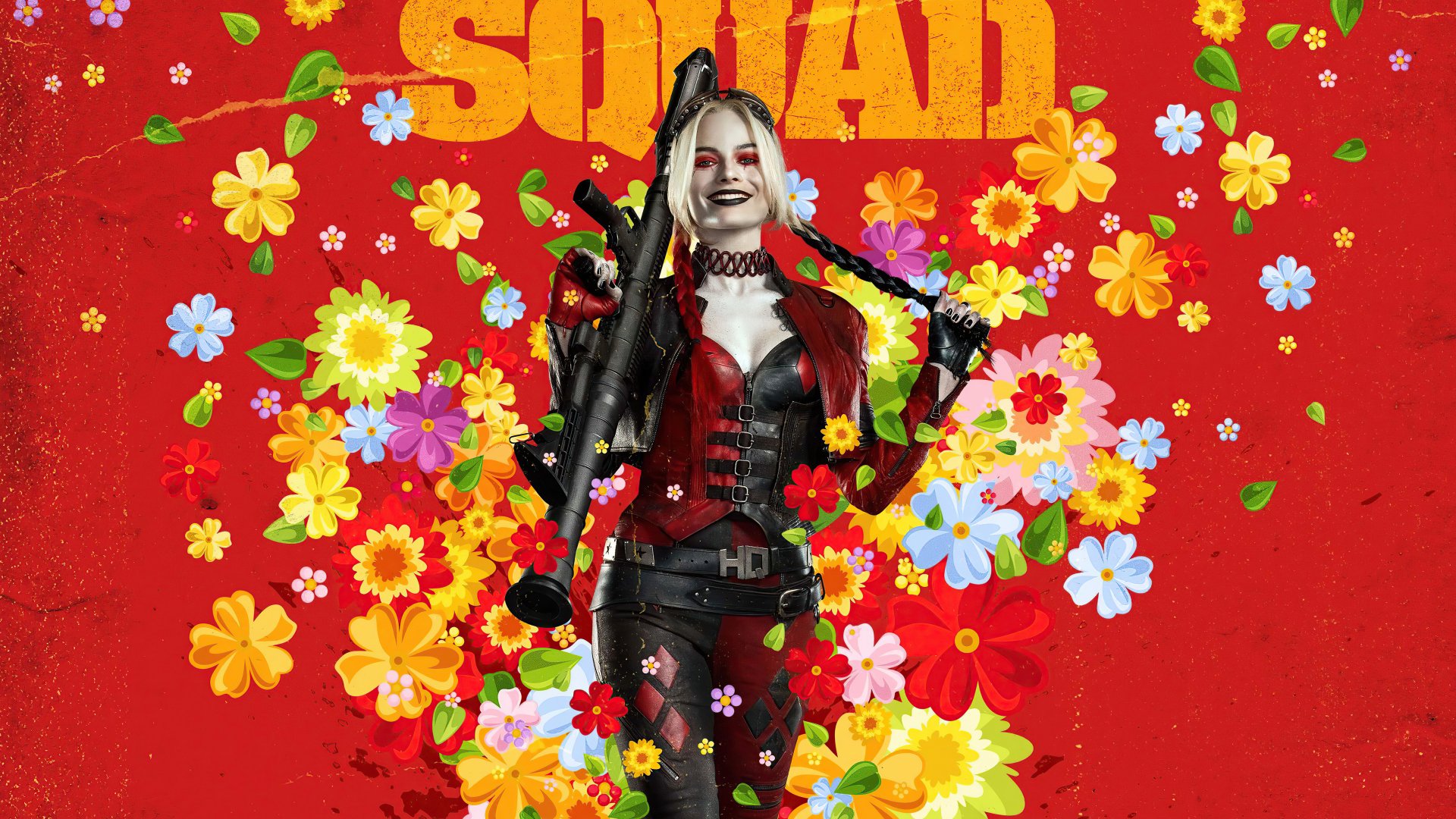Harley Quinn with two-toned hair, portrayed by Margot Robbie in The Suicide Squad, stands against a vibrant red background with colorful flowers in this 4K Ultra HD wallpaper.
