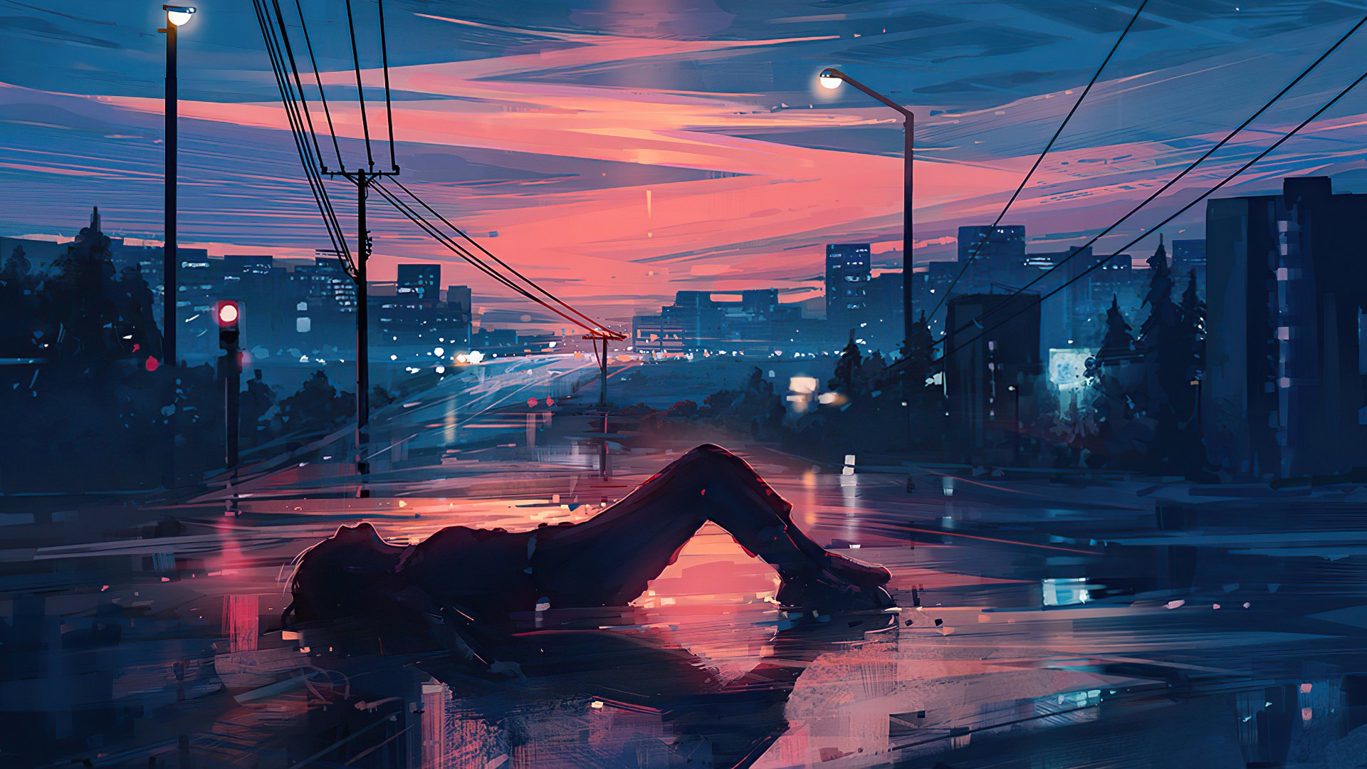 Artistic HD cityscape desktop wallpaper of a woman lying down at night under a colorful sky, framed by city lights and silhouetted buildings.