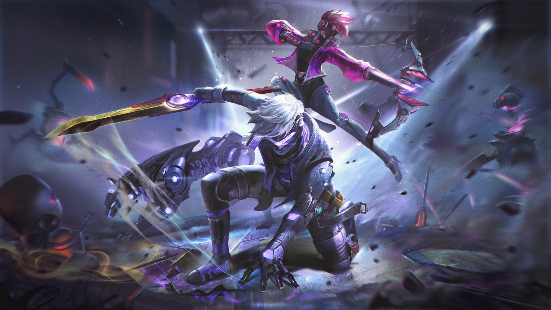 5K Ultra HD PC wallpaper: Sci-Fi cyberpunk scene of a white-haired cyborg warrior crouched with a neon blade and a woman warrior leaping amid city debris.