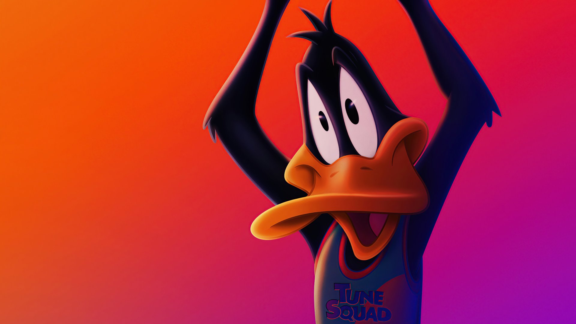 8K Ultra HD PC desktop wallpaper of Daffy Duck from Space Jam 2, close-up against a vivid orange–purple gradient background, animated grin and raised arms.