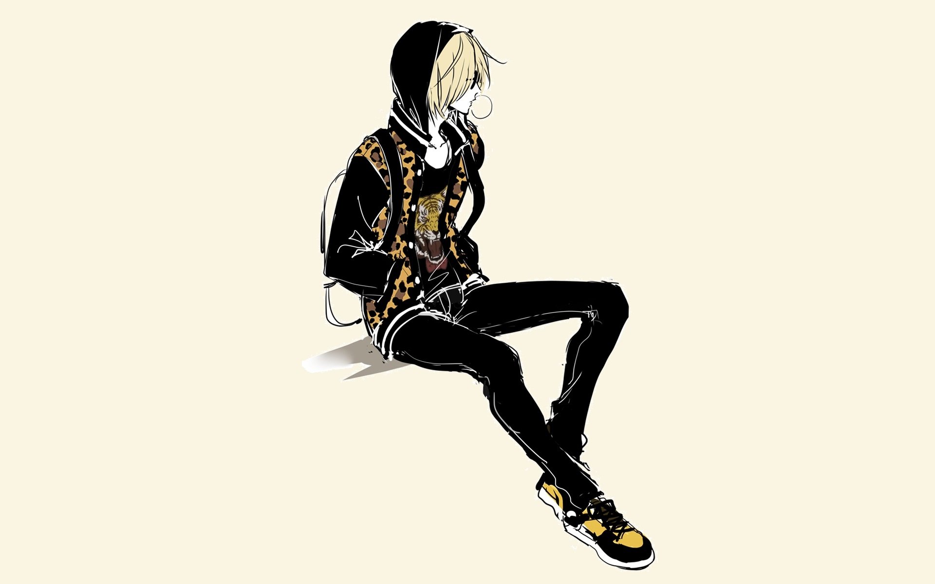 Yuri Plisetsky from Yuri!!! on ICE — anime HD PC desktop wallpaper: blond skater in a black-and-gold hoodie sitting against a pale background.