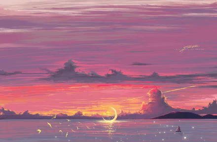 Anime HD desktop wallpaper showcasing a serene sunset over water with a crescent moon and vibrant, colorful sky in a detailed anime landscape style.