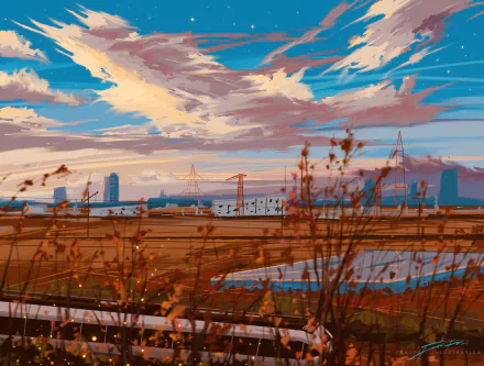 HD anime landscape wallpaper showcasing a vibrant sky with clouds over an industrial area, featuring cranes and silhouetted plants in the foreground.
