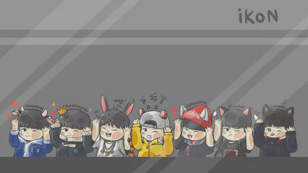 HD desktop wallpaper featuring an adorable animated rendition of the iKON band members with cute animal ears against a grey background.