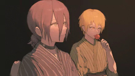 HD anime wallpaper featuring Reze and Denji from Chainsaw Man, both wearing traditional-style clothing against a dark background.