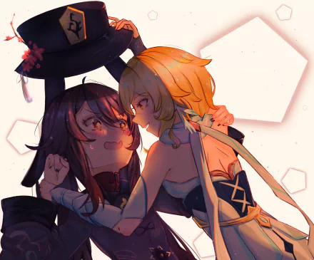 HD PC desktop wallpaper featuring Lumine and Hu Tao from Genshin Impact, showcasing their orange eyes, blonde and brown hair in a close, dynamic pose.