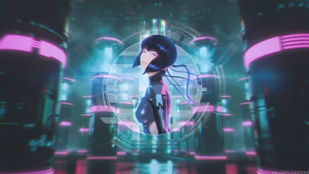 4K Ultra HD anime wallpaper featuring Motoko Kusanagi from Ghost in the Shell in a futuristic, neon-lit setting with picture-in-picture visual effects.