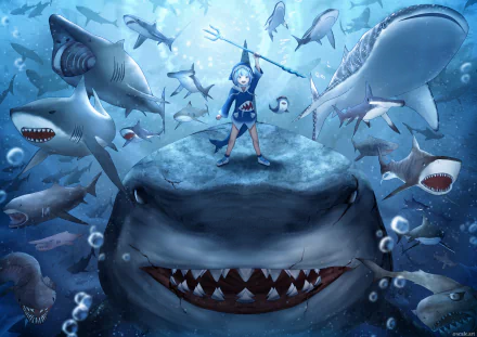 HD desktop wallpaper featuring Gawr Gura from hololive, a Virtual Youtuber. The anime character is standing atop a giant shark underwater, surrounded by many smaller sharks.