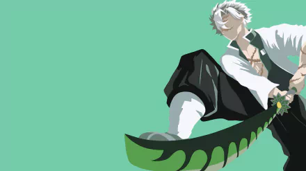 Minimalist HD anime wallpaper featuring Sanemi Shinazugawa from Demon Slayer wielding a katana against a solid green background.