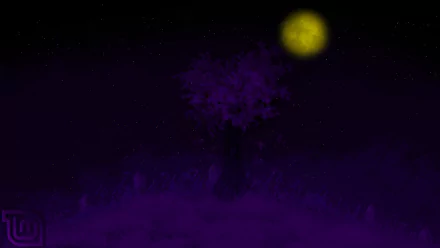 HD desktop wallpaper featuring a glowing purple tree under a yellow moon, representing Linux Mint and technology themes against a dark night sky.