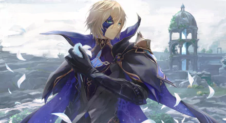 HD desktop wallpaper of Dainsleif from Genshin Impact, featuring his blonde hair, blue eyes, and detailed dark armor with a misty, ancient ruin background.