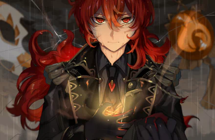 HD PC desktop wallpaper featuring Diluc from the video game Genshin Impact, showcasing his intense gaze and fiery red hair in a detailed, atmospheric setting.