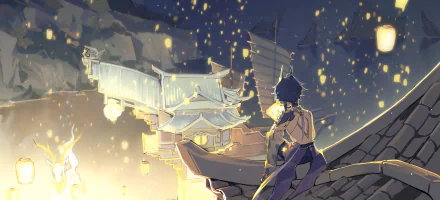 Xiao from Genshin Impact overlooking a glowing Lantern Rite festival scene at night, depicted in a detailed HD PC desktop wallpaper.