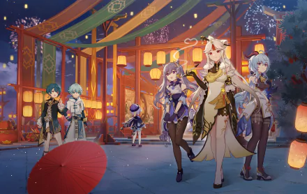 HD PC desktop wallpaper featuring Genshin Impact characters Qiqi, Chongyun, Xingqiu, Ningguang, Keqing, and Ganyu in an illuminated festival setting.