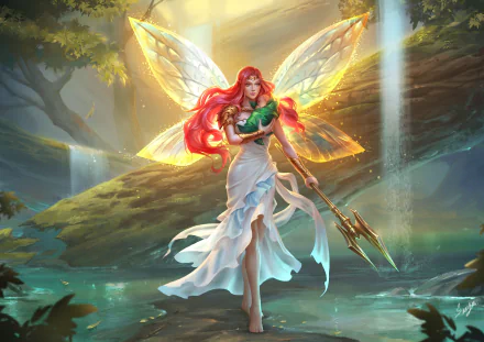 A fantasy fairy with long pink hair and glowing wings stands gracefully by a serene forest waterfall, holding a green frog and a golden trident in this 4K Ultra HD wallpaper.