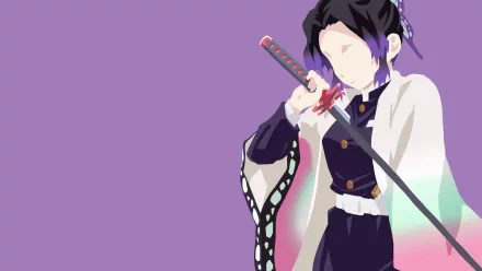Minimalist HD desktop wallpaper featuring Shinobu Kochou from Demon Slayer: Kimetsu no Yaiba, holding a katana, set against a purple background.