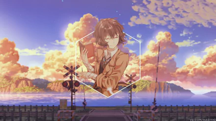 4K Ultra HD anime wallpaper featuring Osamu Dazai from Bungou Stray Dogs in a picture-in-picture frame against a vibrant, colorful sky background.