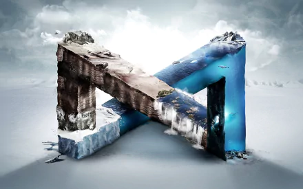 HD artistic desktop wallpaper featuring a snowy landscape merging with water in an illusionary design, blending natural elements into a striking and surreal scene.