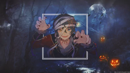 4K Ultra HD Halloween-themed Ensemble Stars! wallpaper featuring Mika Kagehira in a spooky night forest with glowing jack-o'-lanterns and a full moon, styled as picture-in-picture gaming art.