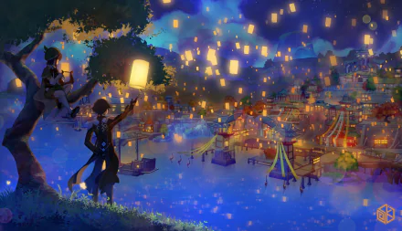 HD desktop wallpaper featuring Venti and Zhongli from Genshin Impact in Liyue at night, surrounded by floating lanterns and lit buildings, capturing the tranquil and festive atmosphere of the city.