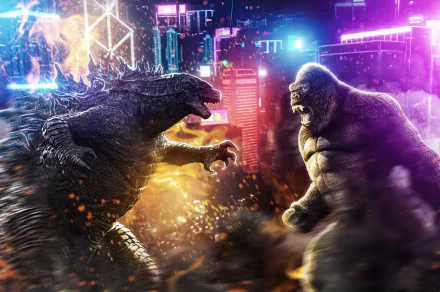 4K Ultra HD PC desktop wallpaper featuring Godzilla and King Kong facing off in a dramatic scene from the movie Godzilla vs Kong with vibrant city lights in the background.
