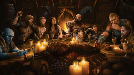 4K Ultra HD wallpaper featuring Atreus, Kratos, and characters from God of War (2018) gathered around a firelit table in a detailed video game scene.