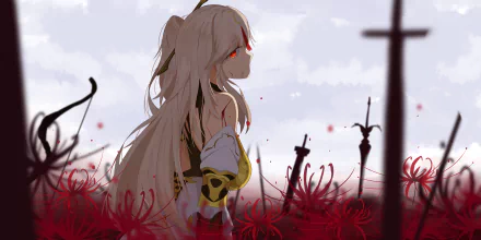 4K Ultra HD PC desktop wallpaper featuring Ningguang from the video game Genshin Impact, surrounded by red spider lilies and silhouetted swords in a misty landscape.