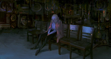 HD anime desktop wallpaper featuring Howl Jenkins Pendragon from Howl's Moving Castle seated in a dimly lit, industrial setting with wooden chairs.