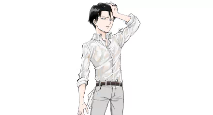 Attack on Titan anime wallpaper: Levi Ackerman in a white shirt, hand on his head, neutral expression — 2K Quad HD PC desktop background.