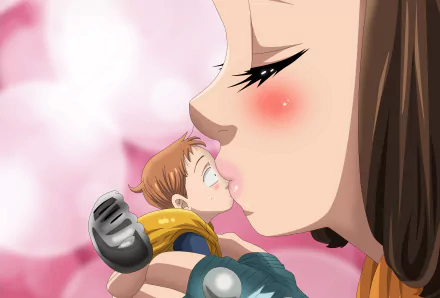 Anime HD wallpaper featuring Diane and King from The Seven Deadly Sins sharing a tender kiss with a soft pink background.