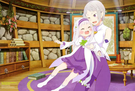 Fortuna and Emilia (Re:Zero - Starting Life in Another World) anime 5K Ultra HD PC wallpaper: smiling Emilia embraces young Fortuna in a cozy stone-walled library, purple dresses and books.