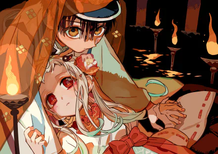 HD anime desktop wallpaper featuring Hanako-kun and Yashiro Nene from Toilet-bound Hanako-kun, with warm torchlight and intricate traditional details.