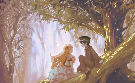 HD anime desktop wallpaper of Yashiro Nene and Hanako-kun (Toilet-bound Hanako-kun) sitting on a tree branch in a glowing forest, bathed in soft light with drifting sparkles.