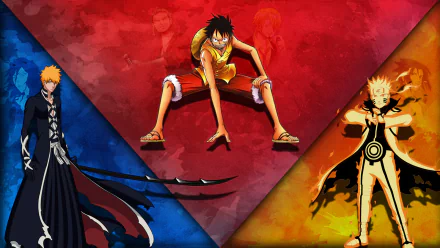HD anime crossover wallpaper featuring Naruto Uzumaki, Monkey D. Luffy, and Ichigo Kurosaki in dynamic poses from Naruto, One Piece, and Bleach series.