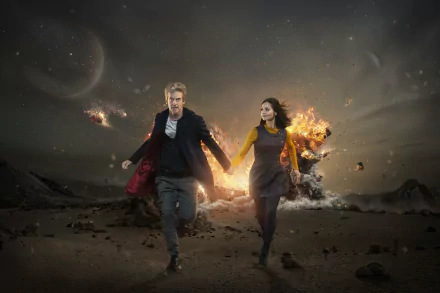 HD wallpaper of Doctor Who featuring Peter Capaldi and Jenna Coleman as the Doctor and Clara Oswald, running from an explosion on a barren extraterrestrial landscape.