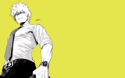 HD PC desktop wallpaper featuring Katsuki Bakugou from My Hero Academia with a confident pose against a bright yellow background.
