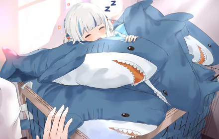 HD desktop wallpaper featuring Gawr Gura, a virtual YouTuber from Hololive. The anime character is seen adorably sleeping on a pile of plush shark toys.