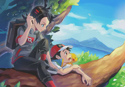 two-toned hair backpack blue eyes brown eyes cap black hair Pikachu Goh (Pokémon) Ash Ketchum Anime Pokemon HD Desktop Wallpaper | Background Image